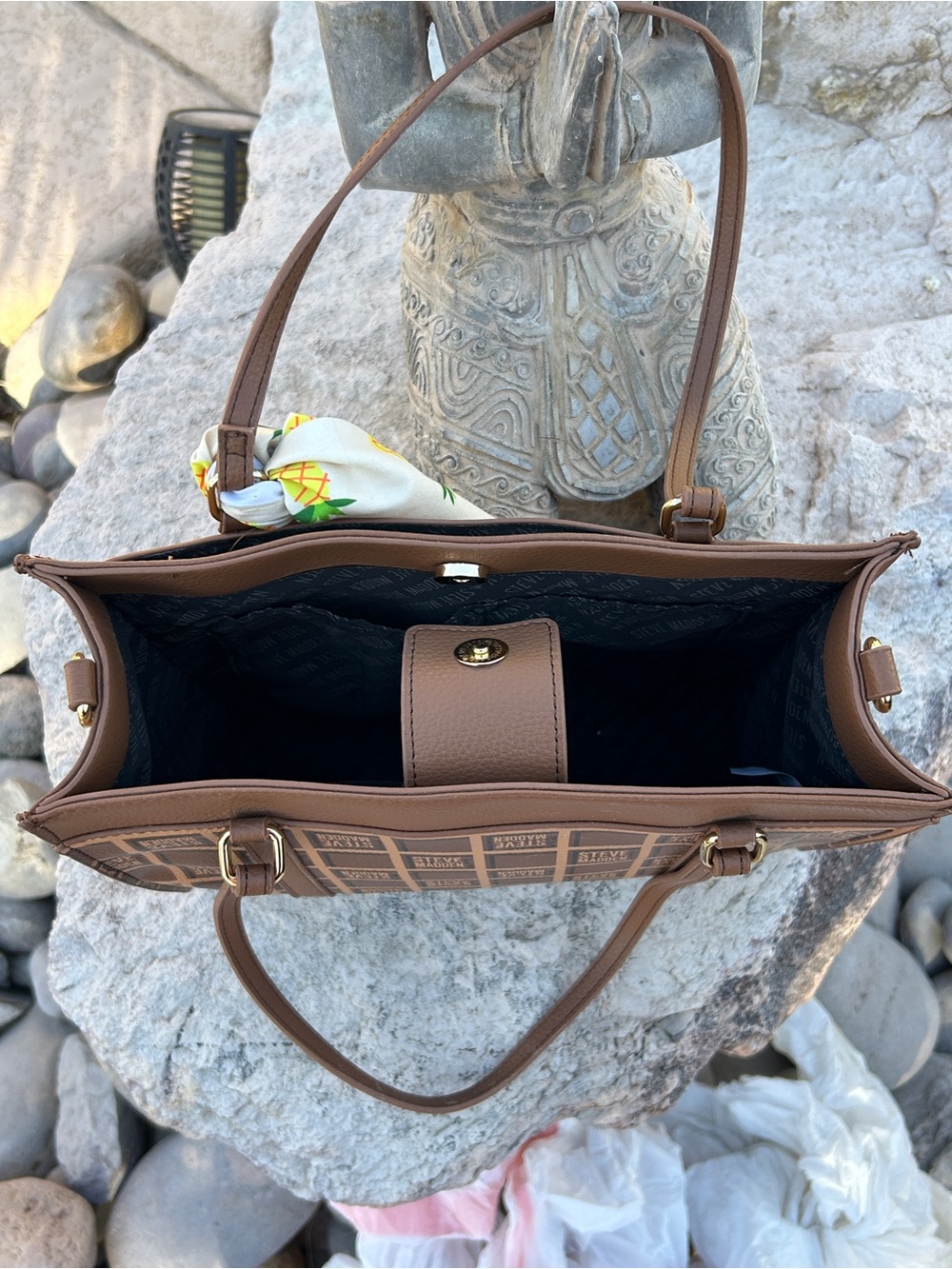 Steve Madden Brown Monogram Tote with Matching Pouch and Pineapple Scarf - Picture 6 of 7